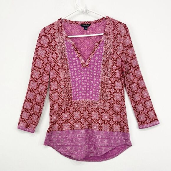 Lucky Brand Pink Red Boho Bandana Print Jersey Knit V Neck Pullover Festival Top - Picture 1 of 15